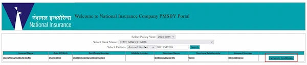national-insurance-company pmsby portal generate certificate