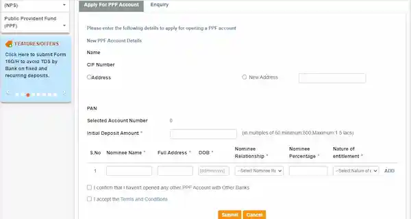 sbi online ppf account opening form nominee submit